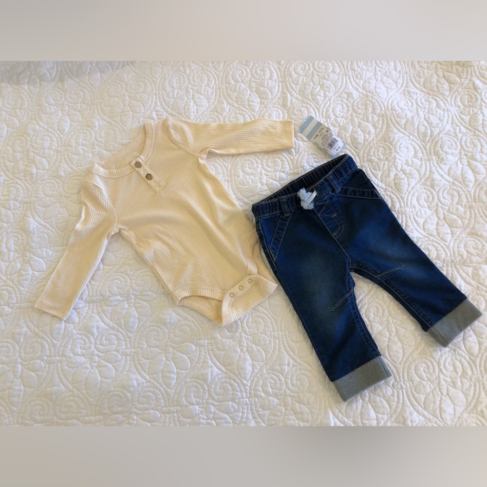 Gender neutral outfit, jeans, onesie henley, girl, boy, size 6/9 months